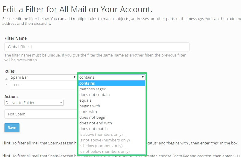 configure email filter criteria